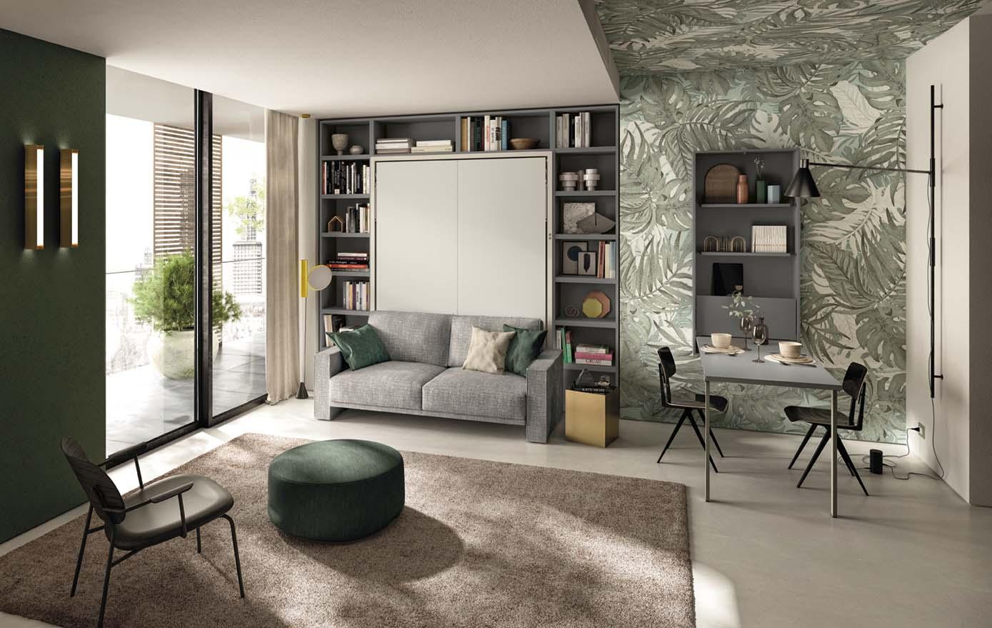 Penelope sofa Murphy bed with shelving and the Wally pull down table